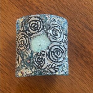 Silver and Blue Floral Cuff Bracelet handmade and painted from a recycled CD 2.5